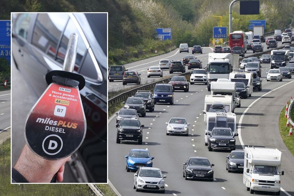 Diesel pump and a busy UK motorway