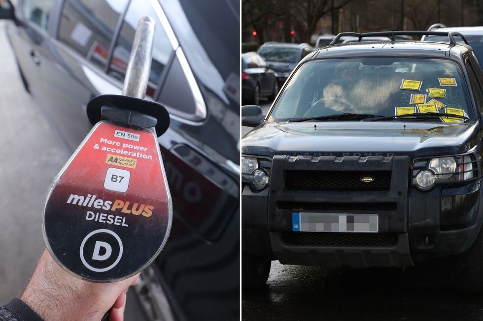 Diesel pump and Range Rover with parking tickets