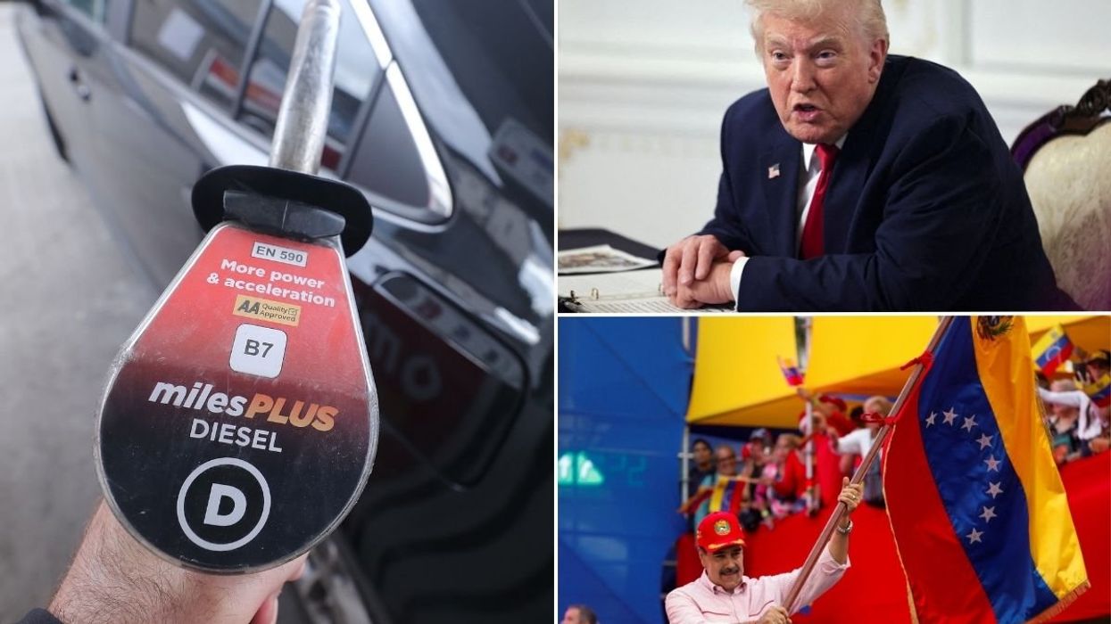 Diesel pump, President Donald Trump and President Nicolas Maduro waving a Venezuelan flag