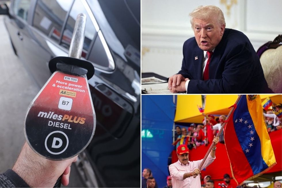 Diesel pump, President Donald Trump and President Nicolas Maduro waving a Venezuelan flag