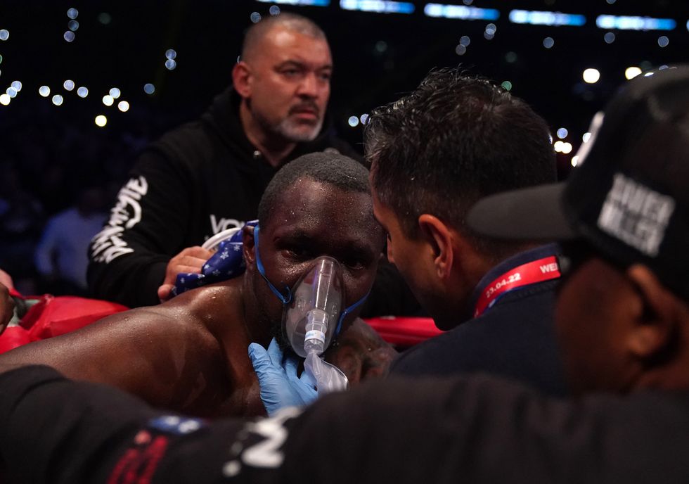 Dillian Whyte receiving treatment following his fight against Tyson Fury at Wembley Stadium, London. Picture date: Saturday April 23, 2022.