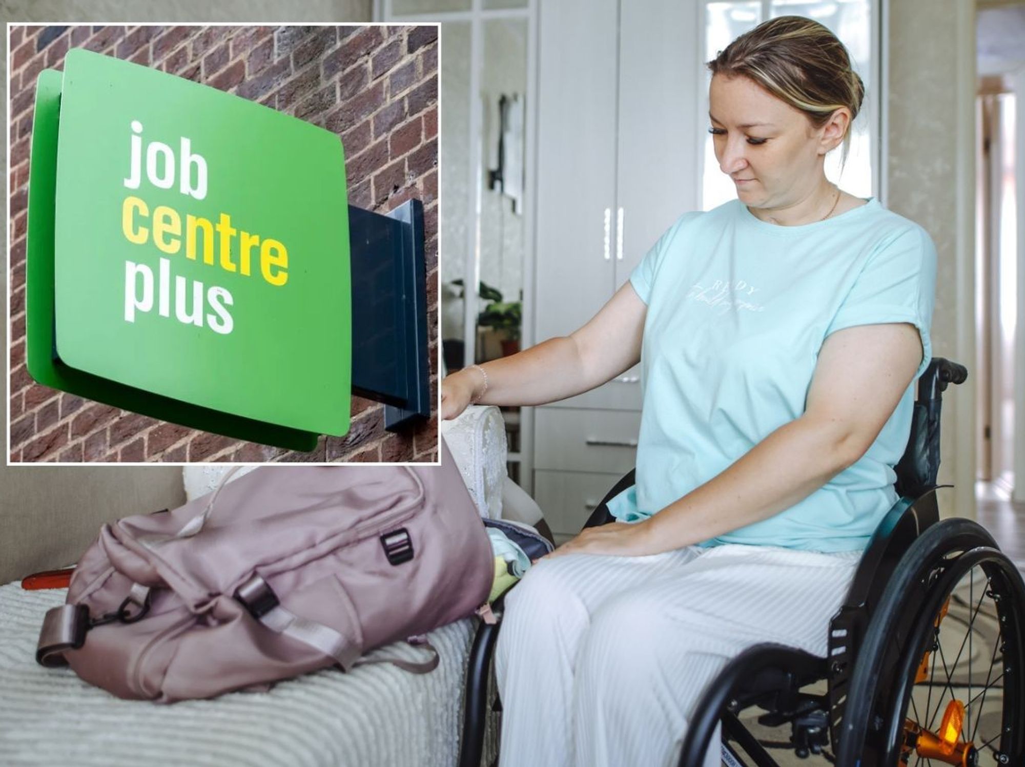 Disabled person and a job centre plus sign
