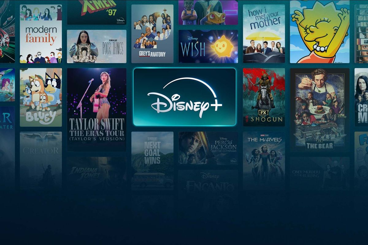 disney plus logo in the centre of a grid of artwork for exclusive tv shows films and documentaries available on the streaming service 