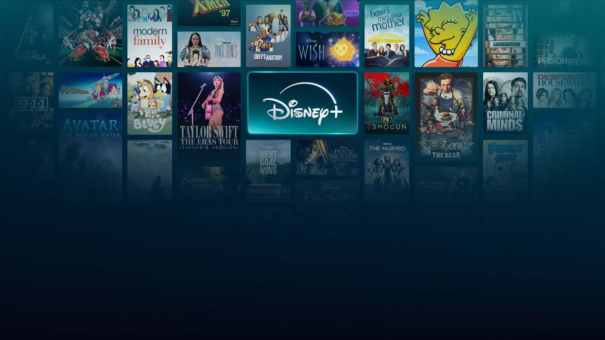 disney plus logo in the centre of a grid of artwork for exclusive tv shows films and documentaries available on the streaming service