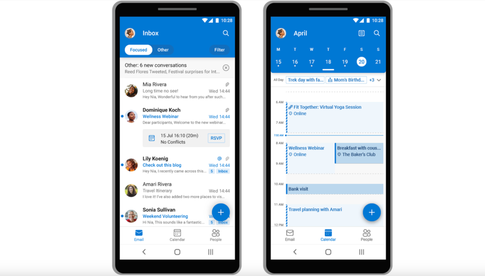 Display of Microsoft Outlook Lite opened on Android device