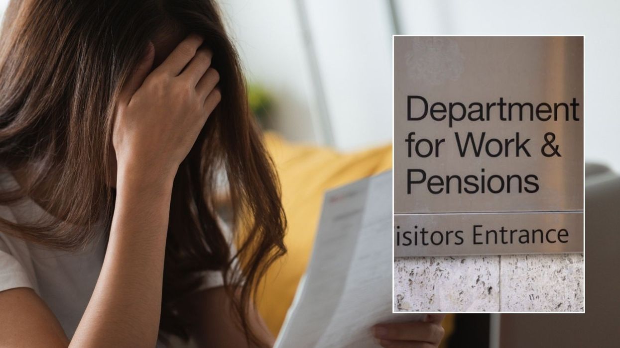 Distraught woman and DWP sign