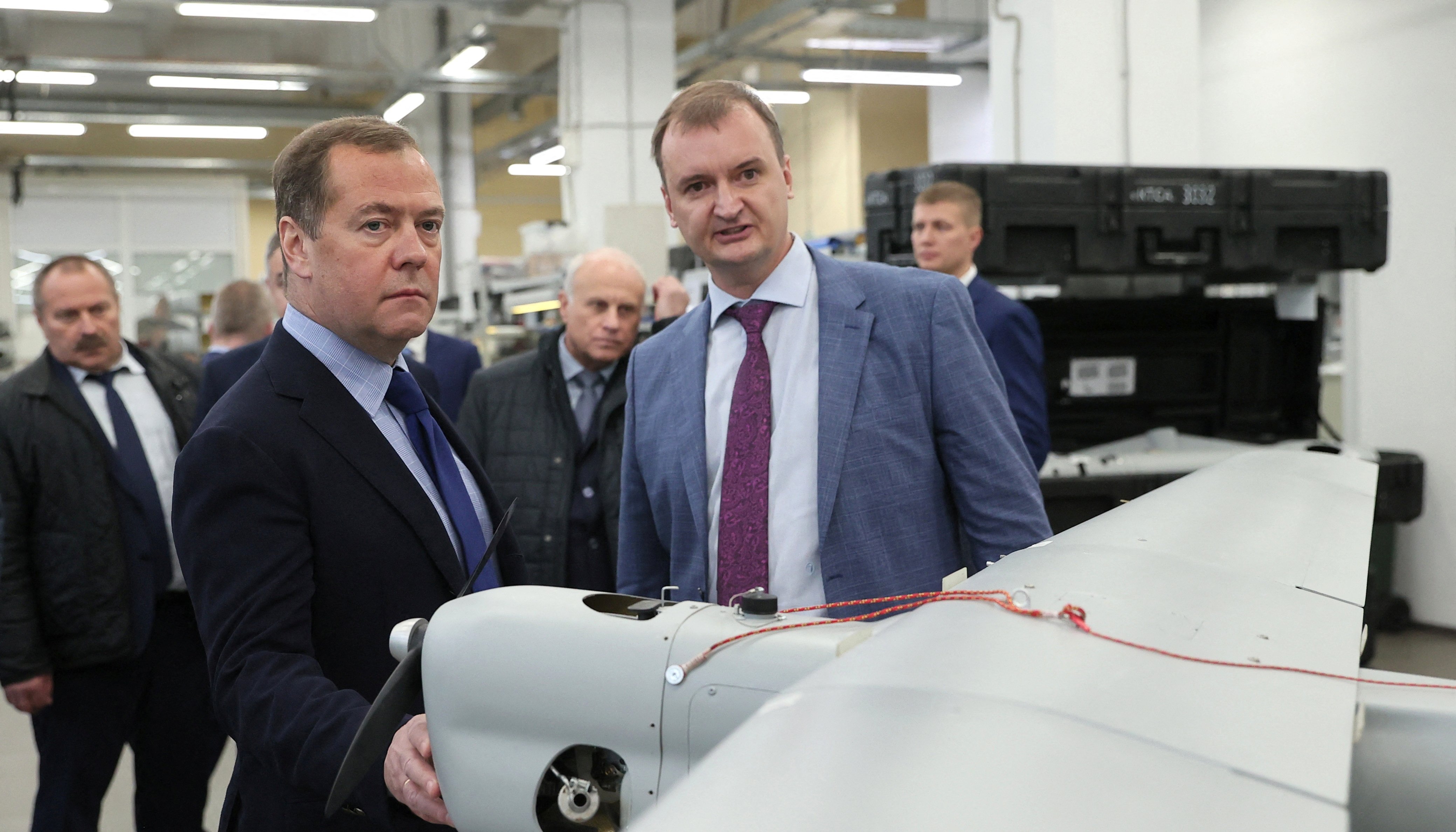 Dmitry Medvedev, Deputy Chairman of Russia's Security Council, visits a technological centre producing unmanned aerial vehicles in Saint Petersburg, Russia, October 14, 2022. Sputnik/Yekaterina Shtukina/Pool via REUTERS ATTENTION EDITORS - THIS IMAGE WAS PROVIDED BY A THIRD PARTY.