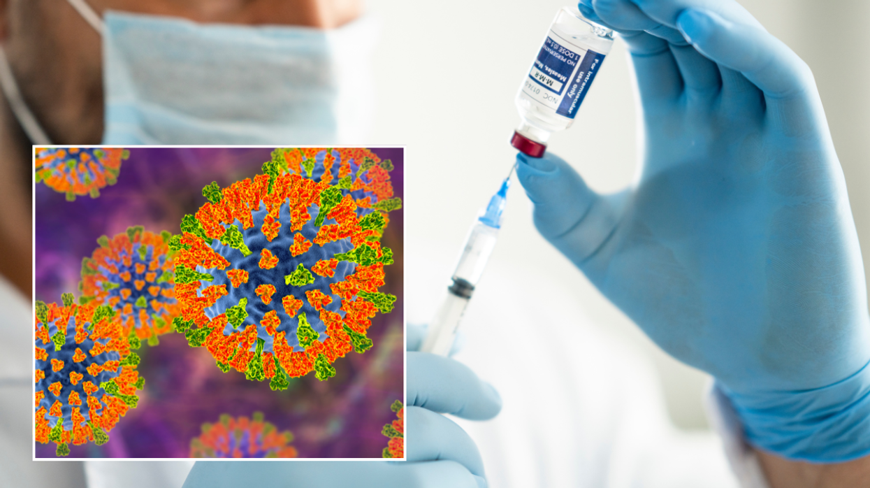 Doctor measuring out a vaccination; illustration of measles virus