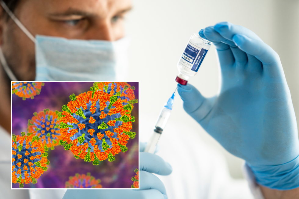 Doctor measuring out a vaccination; illustration of measles virus