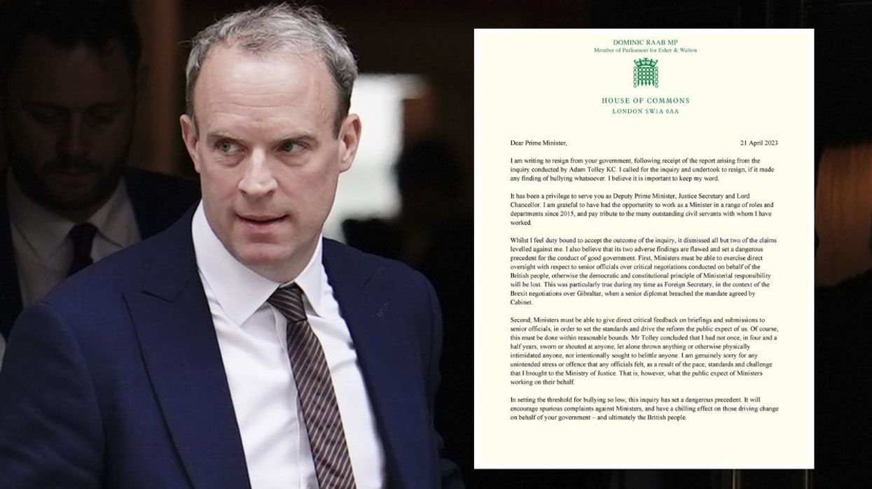 Dominic Raab (left) and a copy of his letter (right)