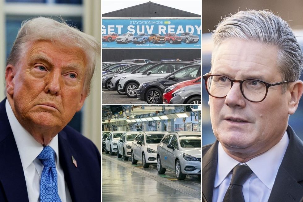 Donald Trump, a used car forecourt, a car production factory and Keir Starmer