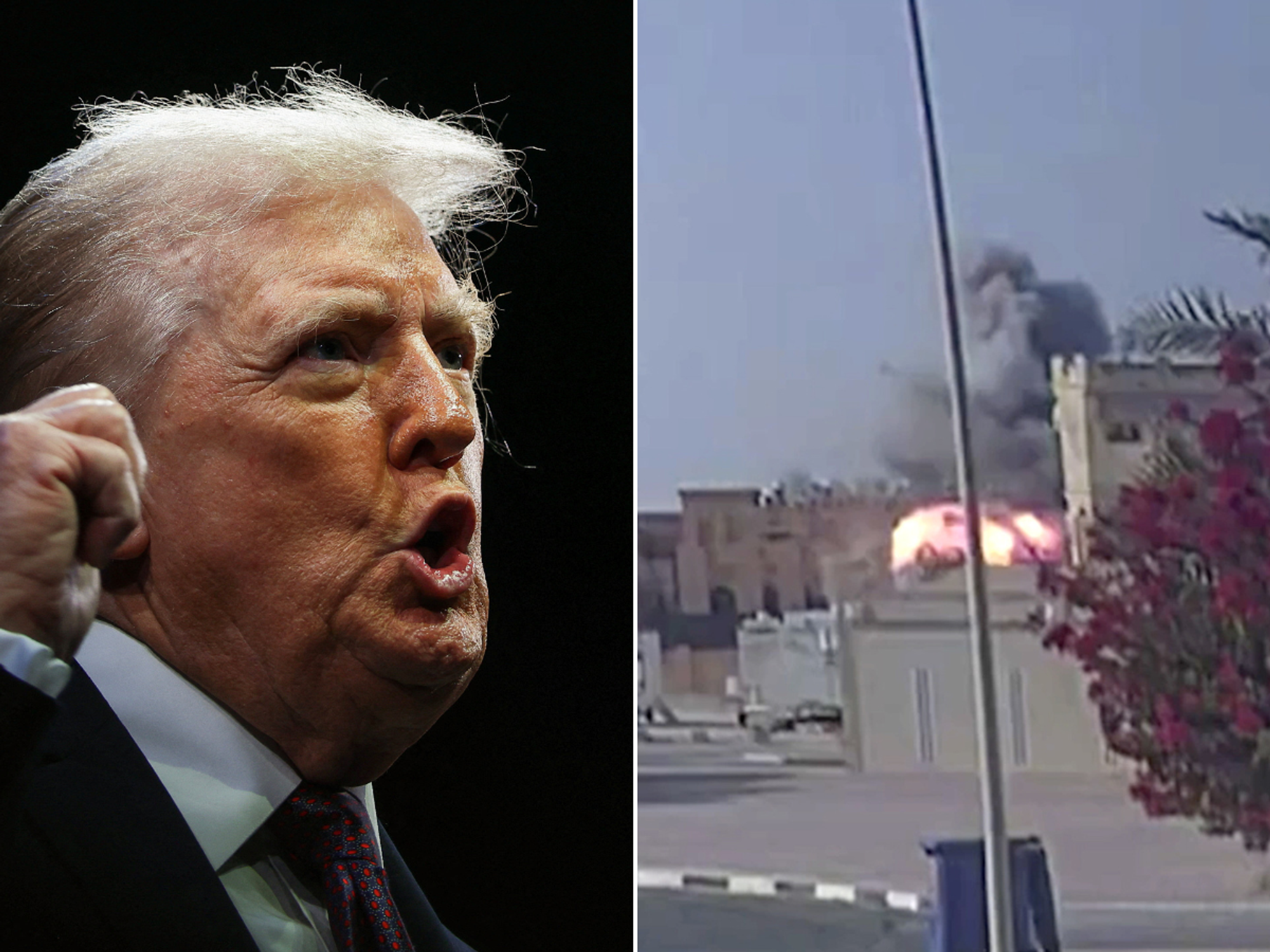 Donald Trump and footage of the strike