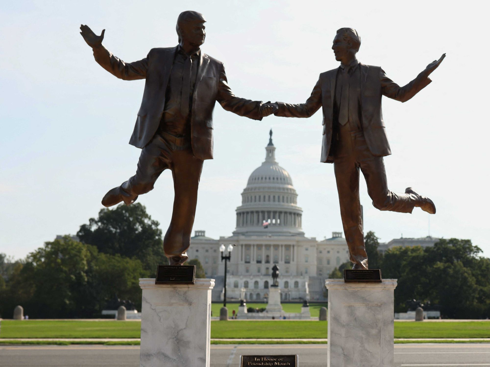 Donald Trump and Jeffrey Epstein holding hands statue