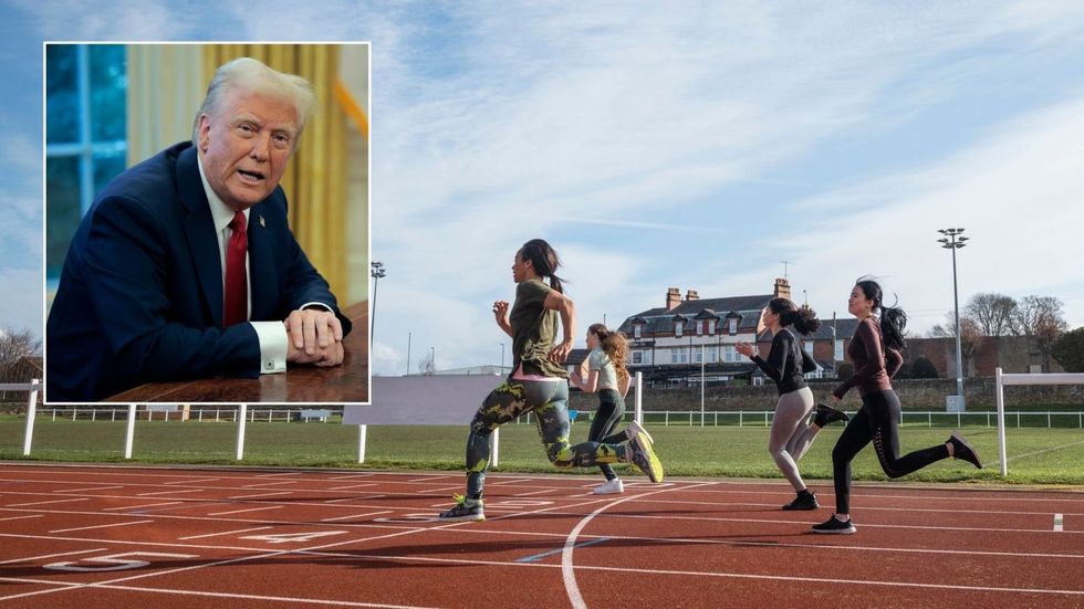 Donald Trump and stock image of school girls running