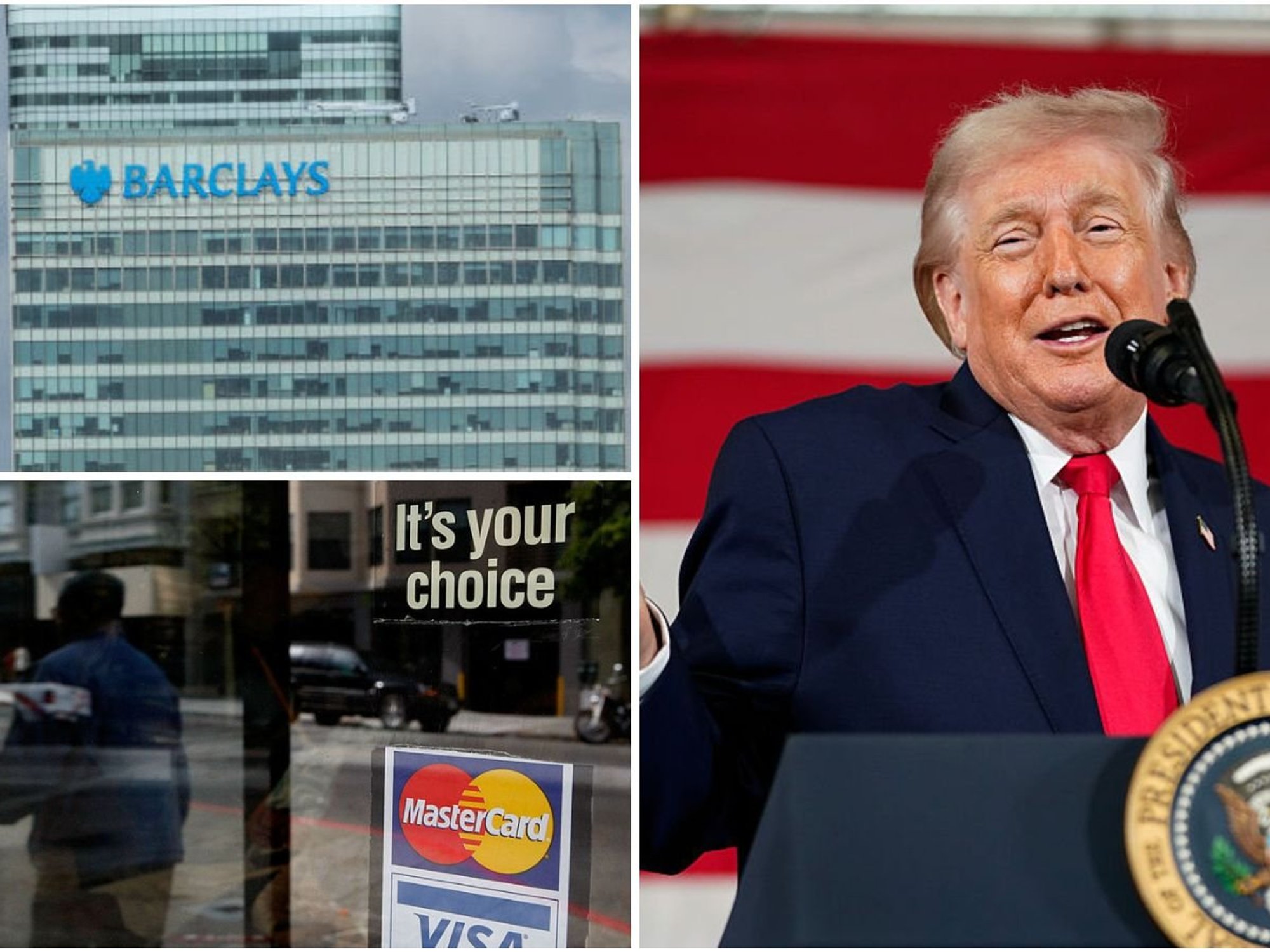 Donald Trump, Barclays building and mastercard sign