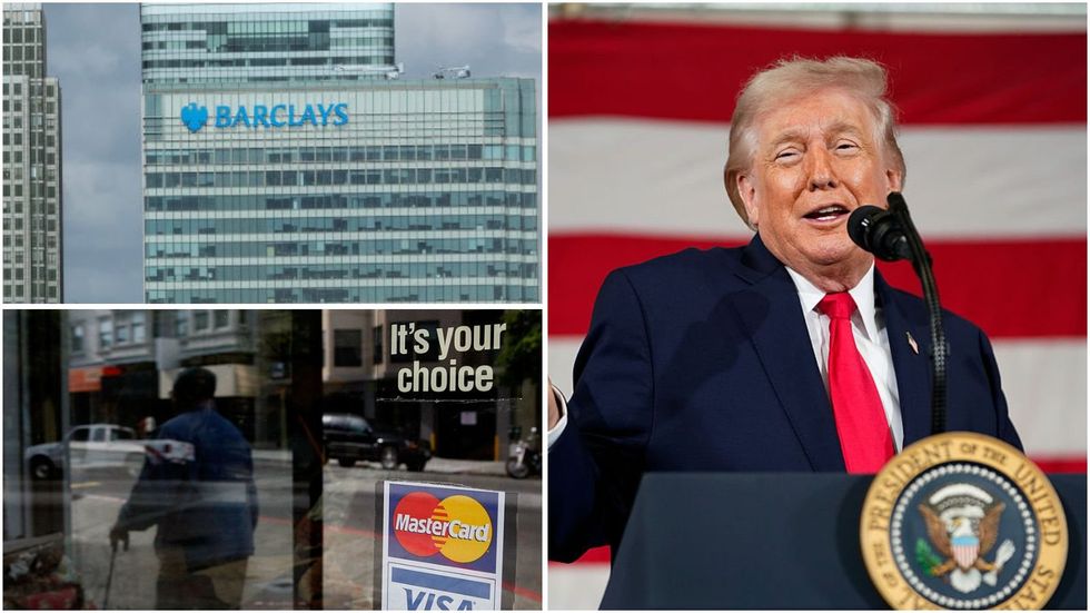 Donald Trump, Barclays building and mastercard sign