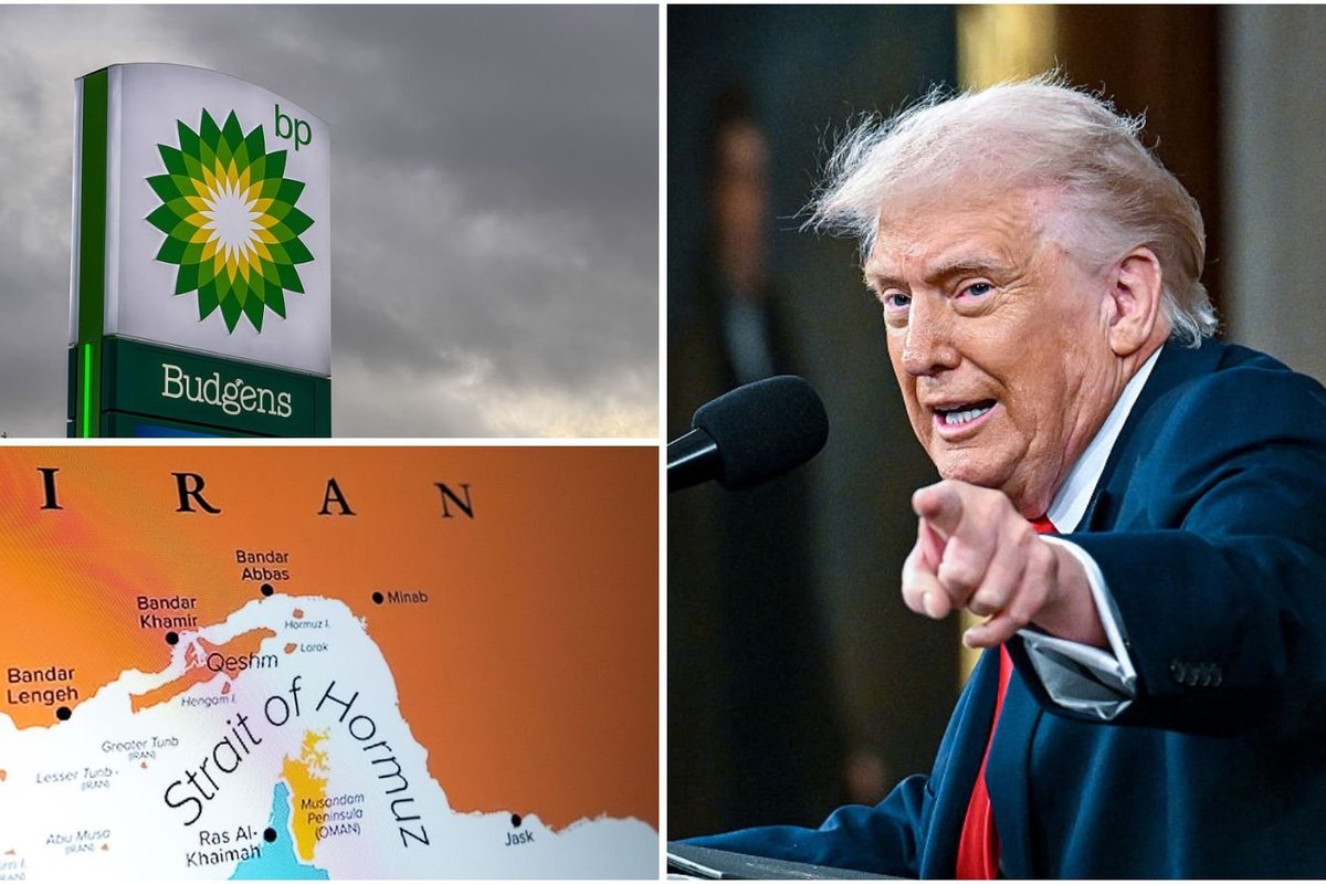 Donald Trump, BP sign and Strait of Hormuz on map