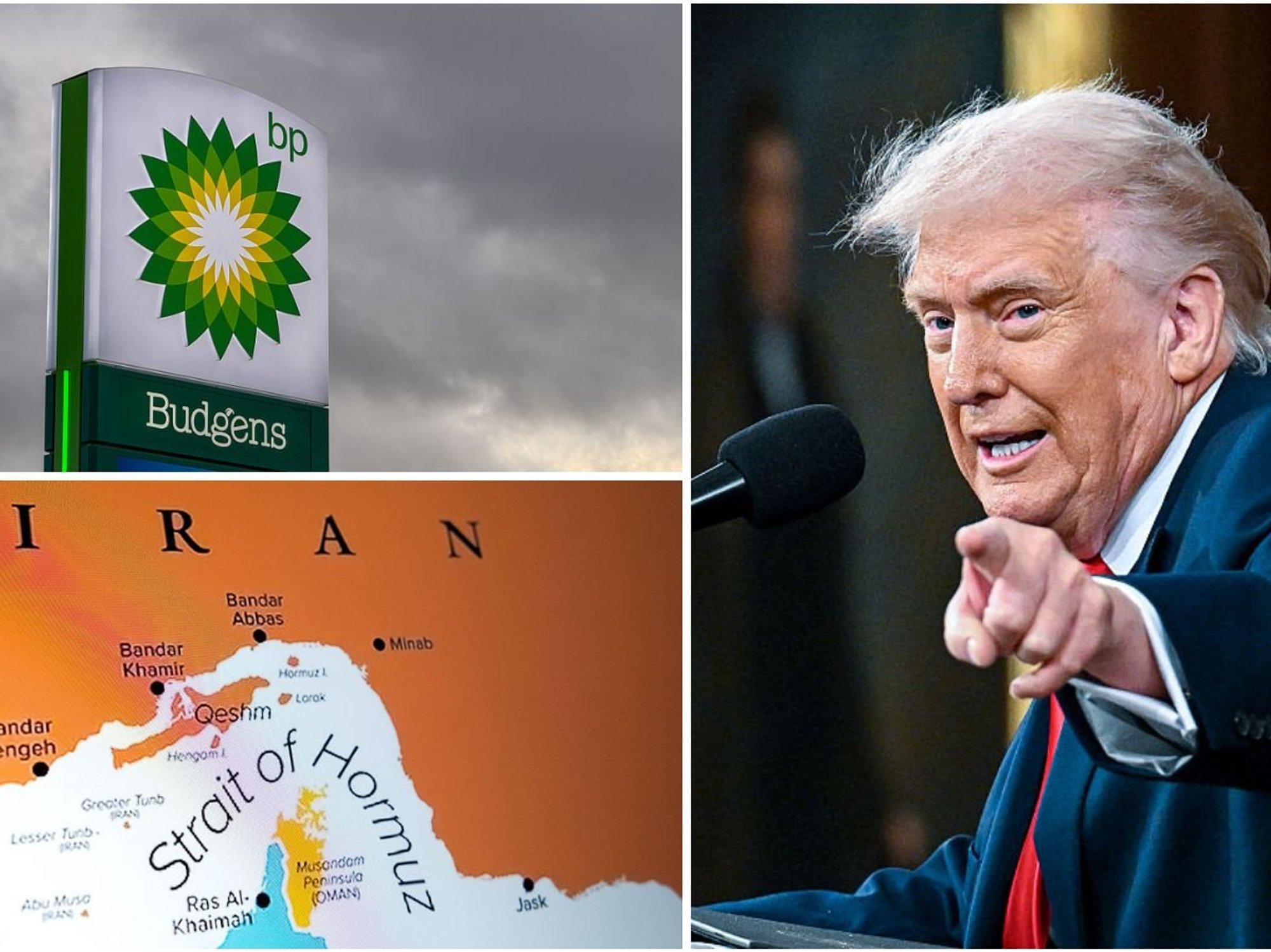 Donald Trump, BP sign and Strait of Hormuz on map