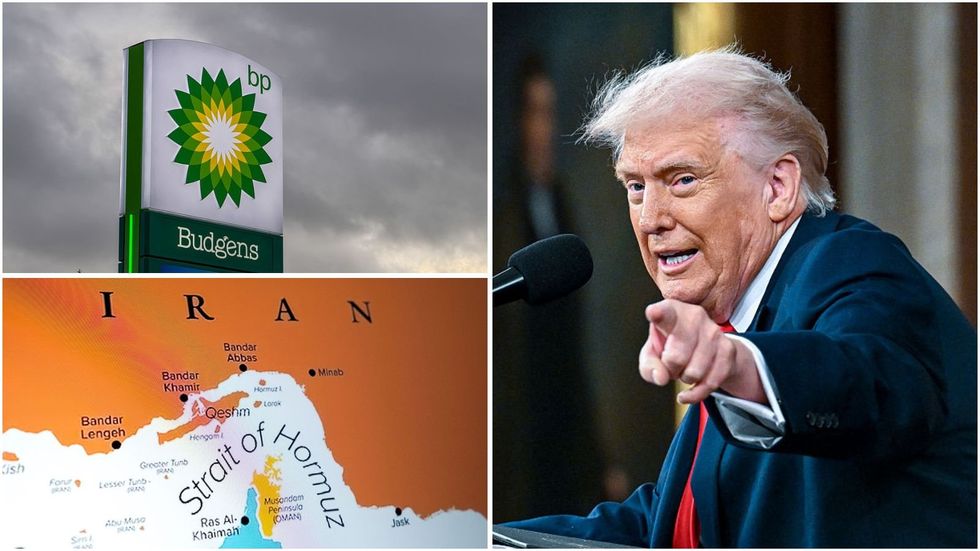Donald Trump, BP sign and Strait of Hormuz on map