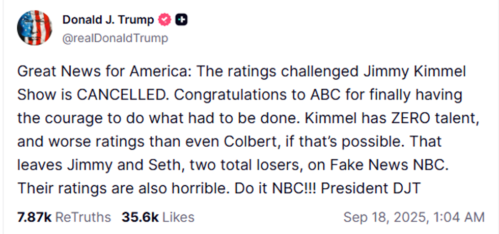 Donald Trump celebrated Jimmy Kimmel's show being 'pulled indefinitely'