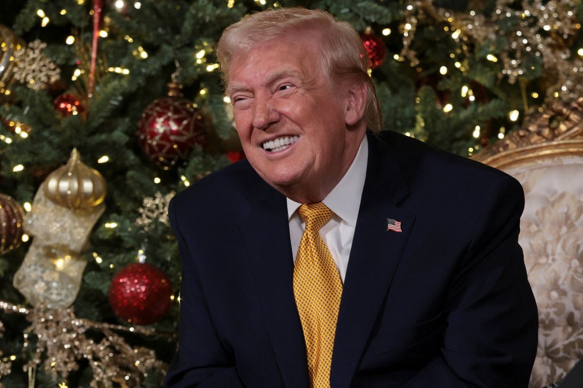 Donald Trump in front of a Christmas tree