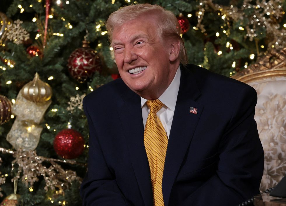 Donald Trump in front of a Christmas tree