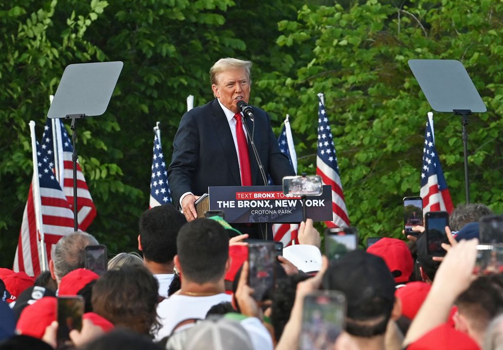 Donald Trump is seen at a rally in support of his 2024 presidential campaign at Crotona Park