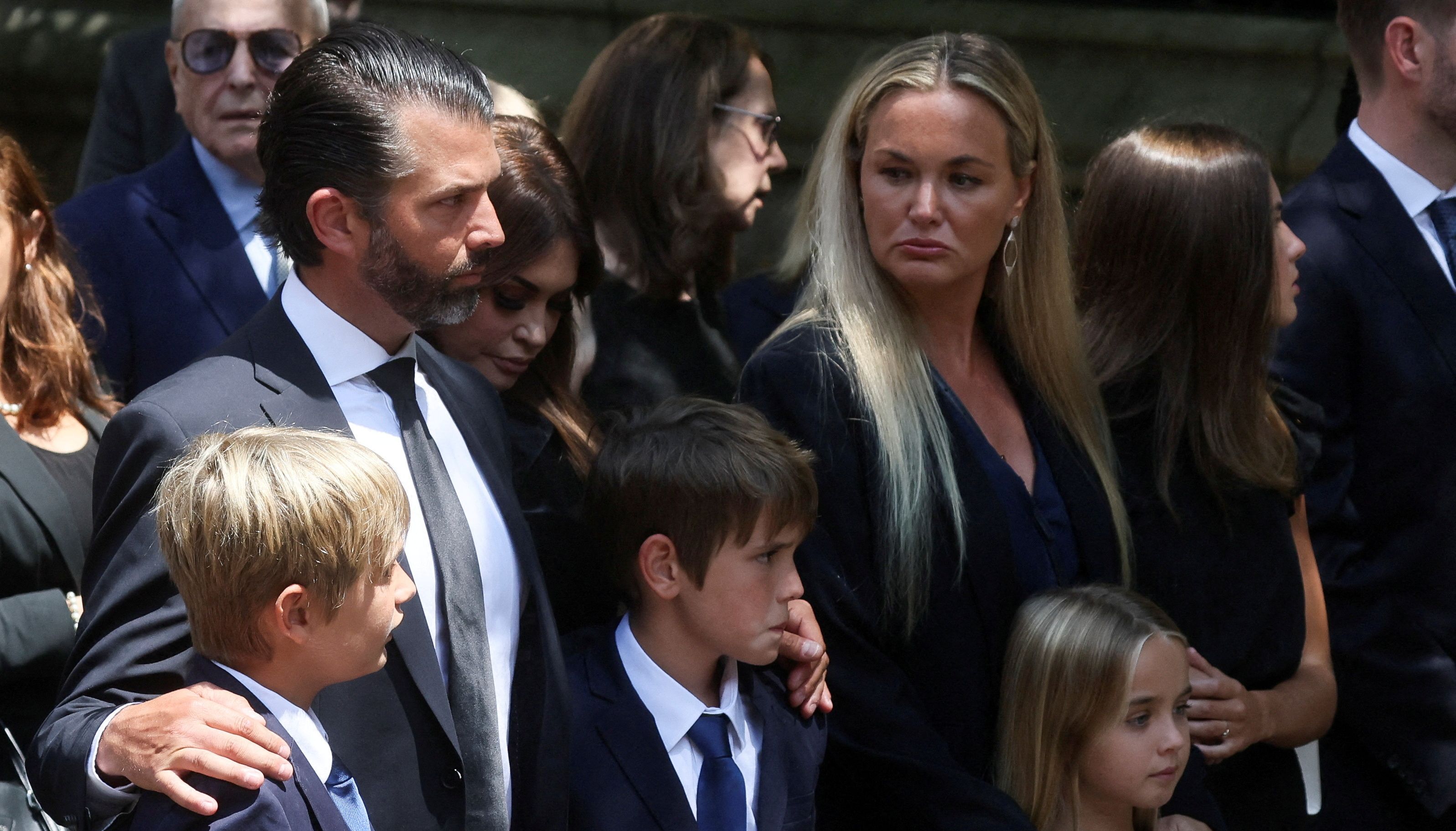 Donald Trump Jr., son of former U.S. President Donald Trump and Ivana Trump, his former wife Vanessa and their children arrive to attend the funeral for Ivana Trump, socialite and first wife of former U.S. President Donald Trump, at St. Vincent Ferrer Church, in New York City, U.S., July 20, 2022. REUTERS/Brendan McDermid