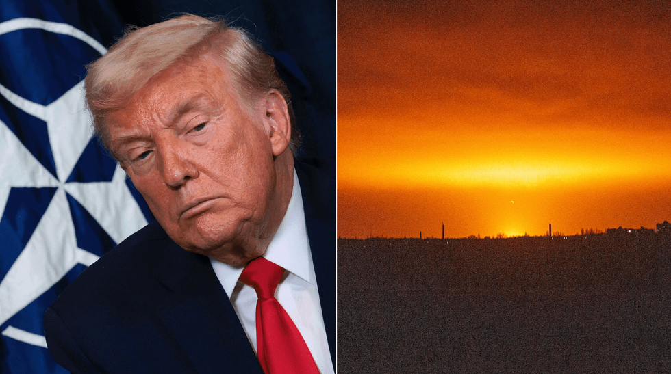Donald Trump (left), An explosion is caused by a Russian airstrike in the city of Sumy, Ukraine, on december 08, 2025 (right)