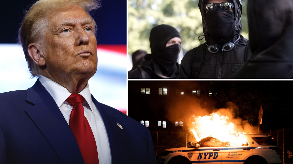 Donald Trump (left), Antifa (top right), BLM protestors burn NYPD car (bottom right)