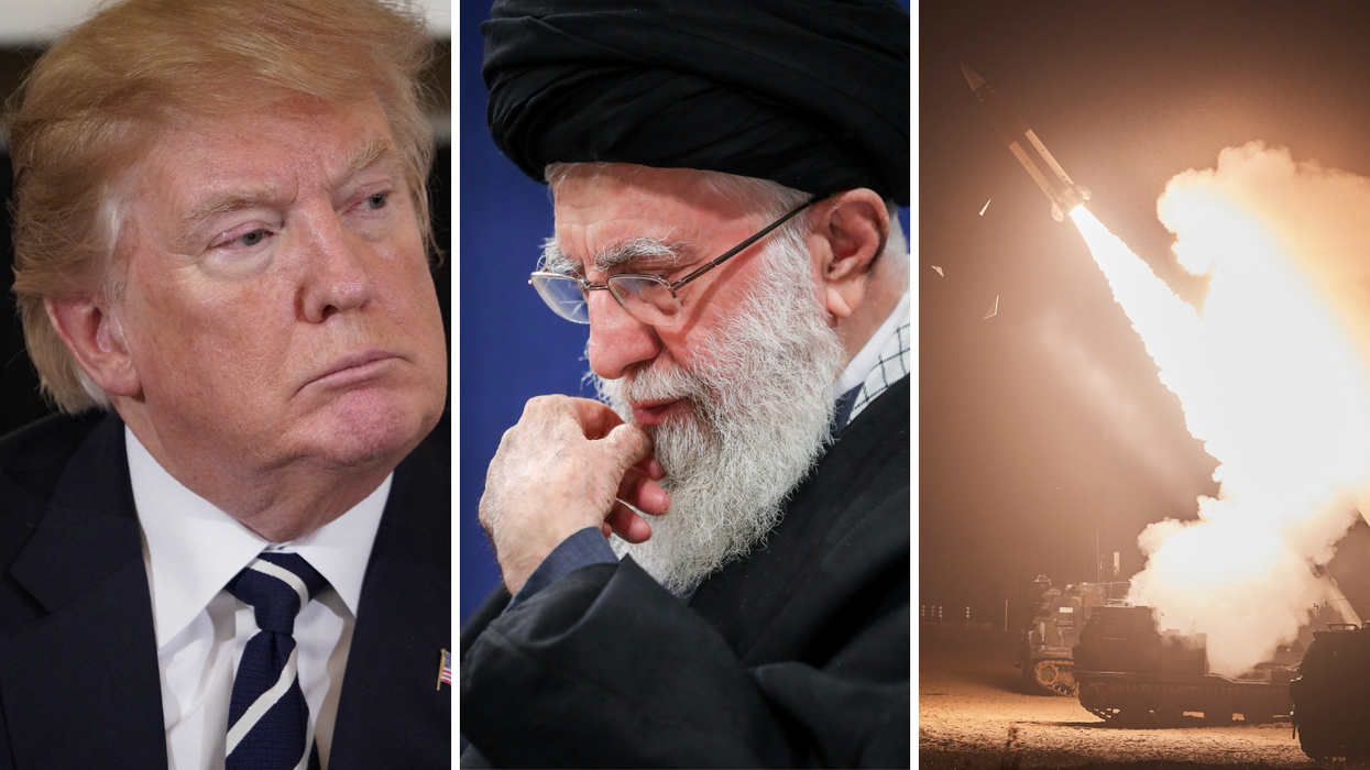 Donald Trump (left), Ayatollah Ali Khamenei (middle), US missile test (right)