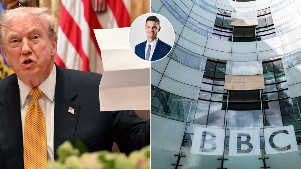 Donald Trump (left), Ben Leo (middle), BBC headquarters (right)