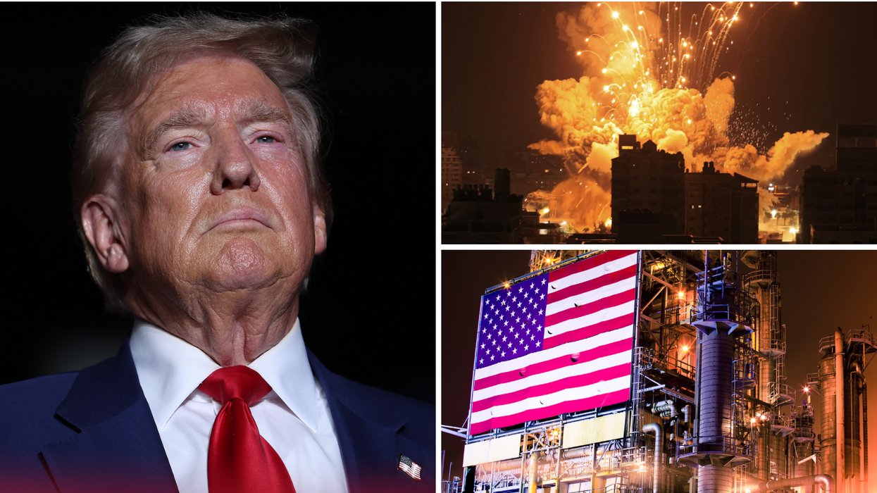 Donald Trump (left), bombing in Gaza (top right) and American factory (bottom right)