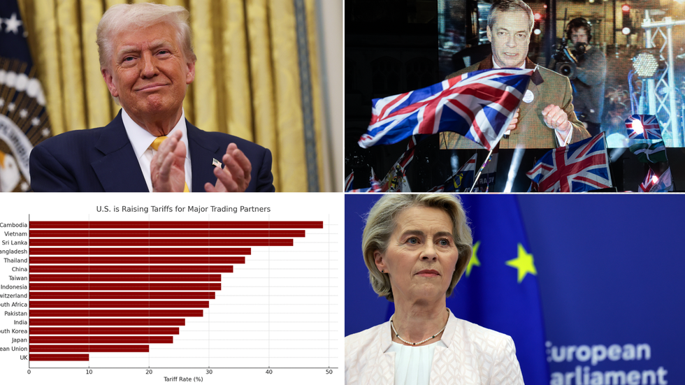 Donald Trump (left), Brexit party (top right), US tariffs on imported goods by country (bottom left), EU Commission President Ursula von der Leyen (bottom right)