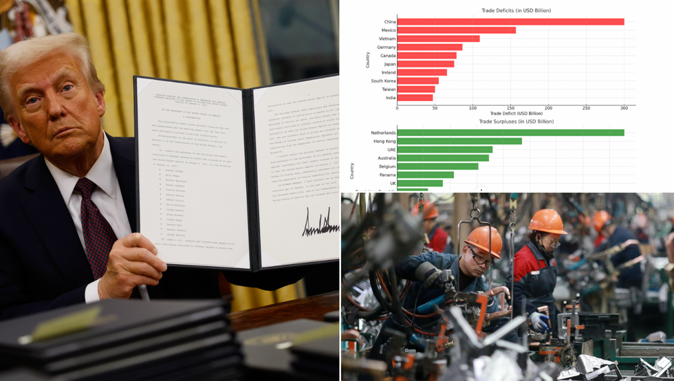 Donald Trump (left), chart showing trade deficits and surpluses with America