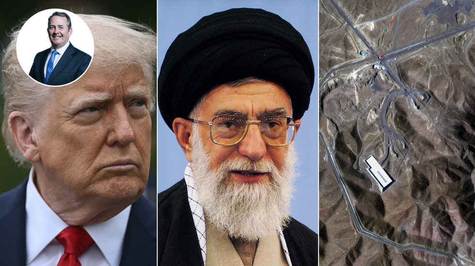 Donald Trump (left), Iran's supreme leader Ayatollah Ali Khamenei (middle), Iran's nuclear testing site (right)