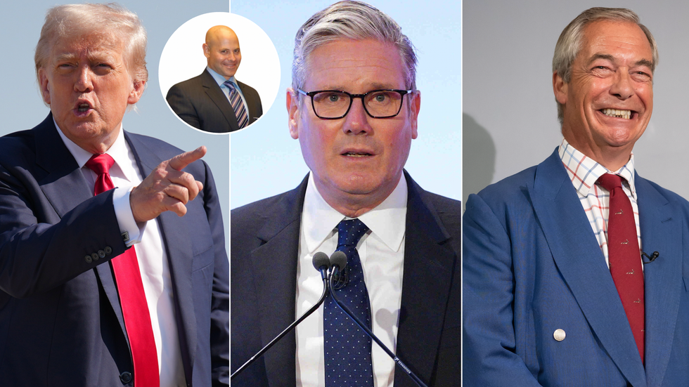 Donald Trump (left), Keir Starmer (middle), Nigel Farage (right)
