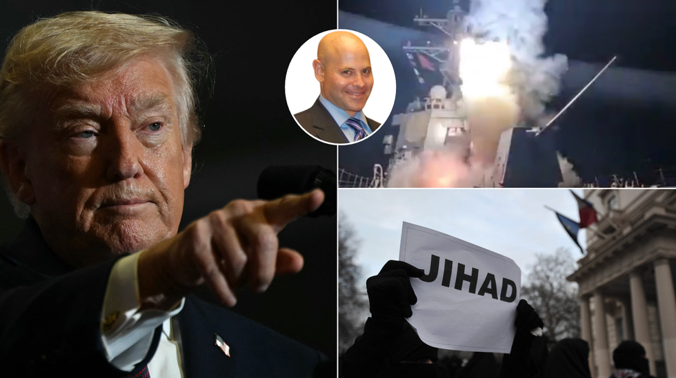 Donald Trump (left), Lee Cohen (middle), missile strikes launched against Islamic State targets in Nigeria (top right), Jihad protest in France (bottom right)