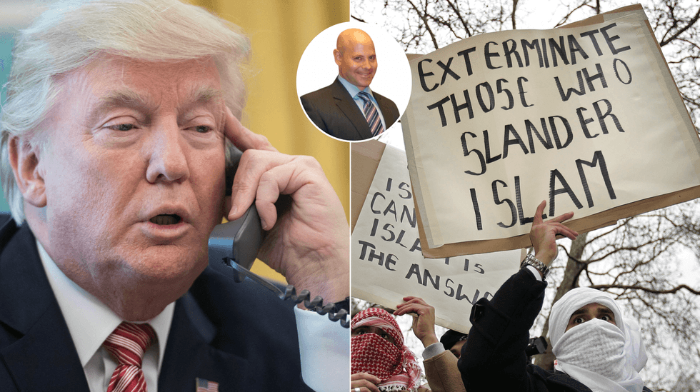 Donald Trump (left), Lee Cohen (middle), Muslim protest outside Danish embassy (right)