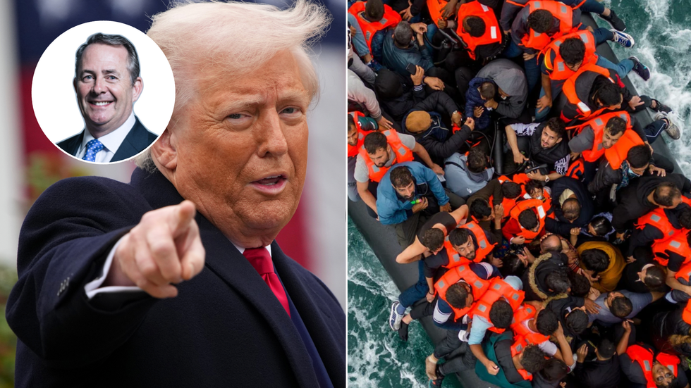 Donald Trump (left), migrant crossing (right)