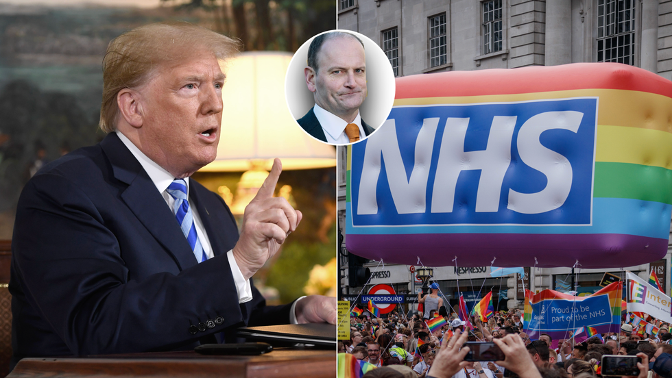 Donald Trump (left), NHS Pride banner (right)