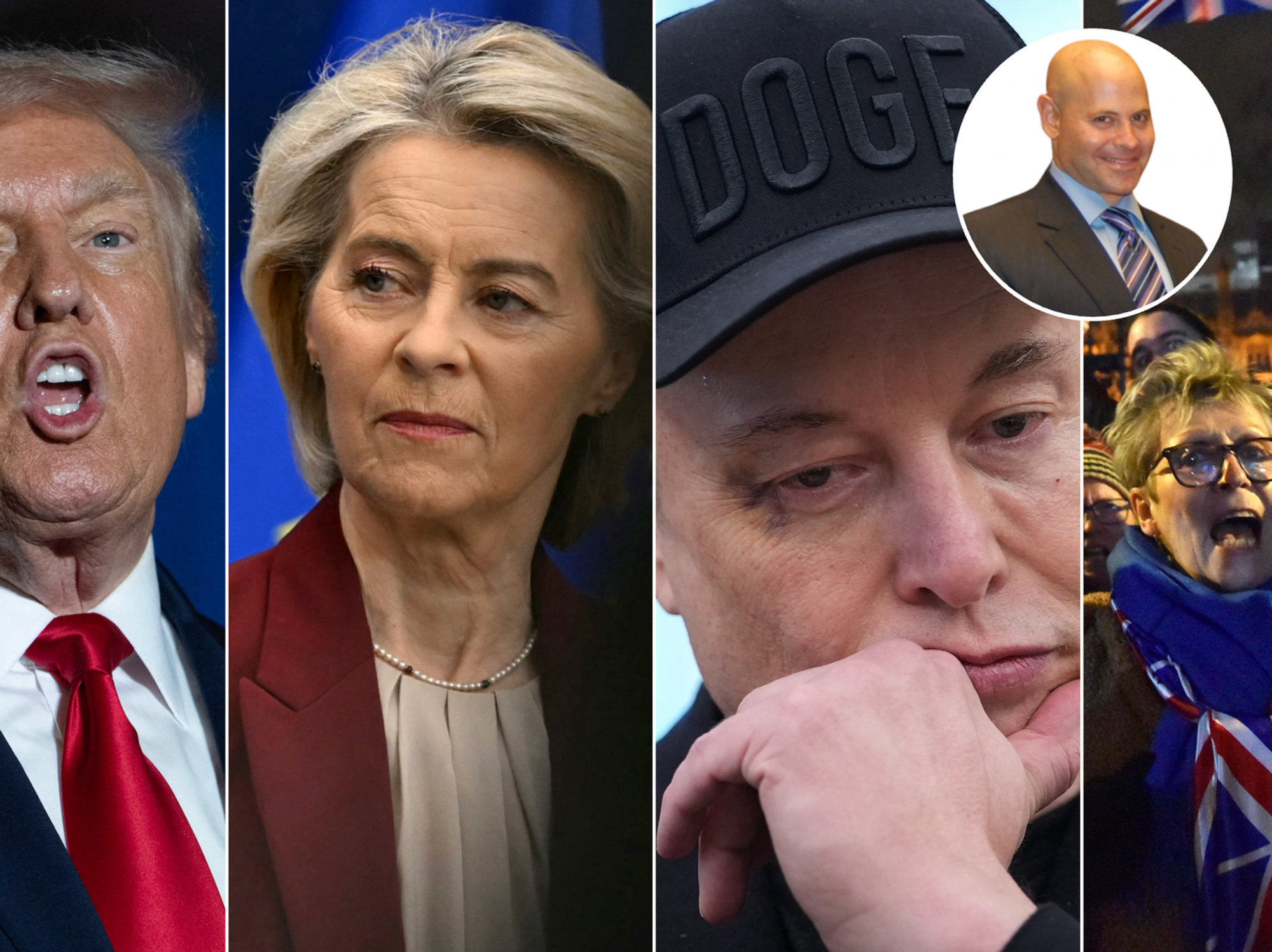 Donald Trump (left), Ursula von der Leyen (second in), Elon Musk (third in), Britons celebrating EU departure (fourth in)