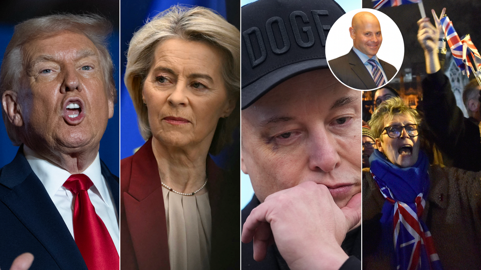 Donald Trump (left), Ursula von der Leyen (second in), Elon Musk (third in), Britons celebrating EU departure (fourth in)
