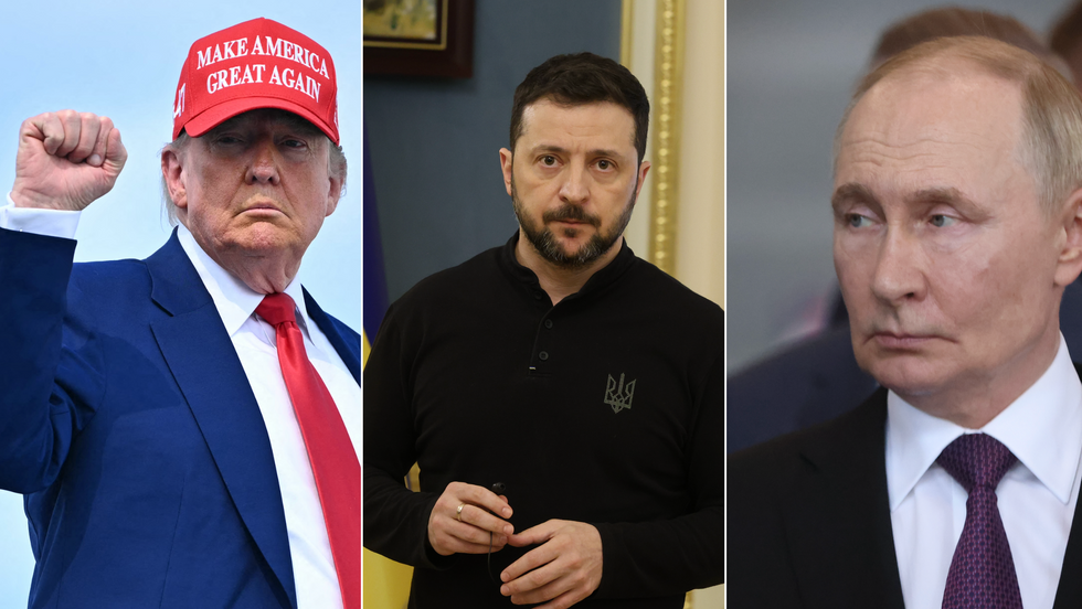 Donald Trump (left), Volodymyr Zelensky (middle), Vladimir Putin (right)