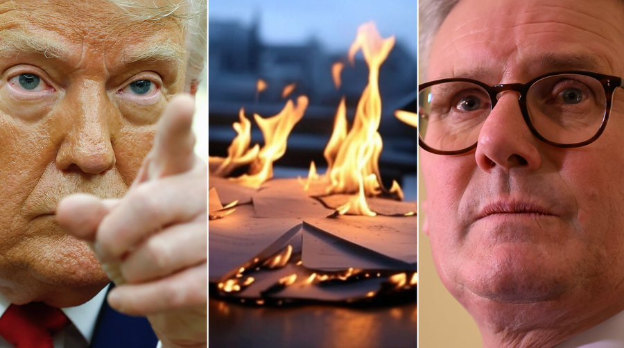 Donald Trump (right), document on fire (middle), Keir Starmer (right)