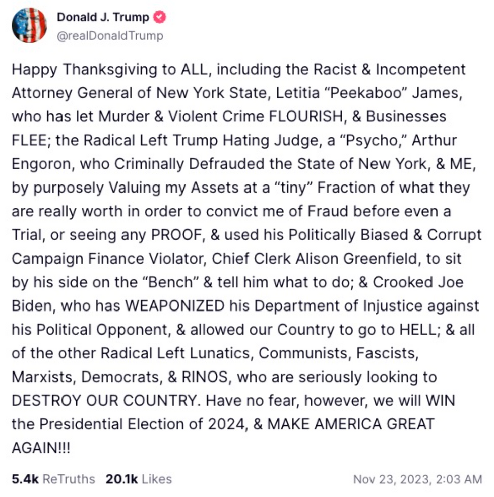Donald Trump Truth Social post