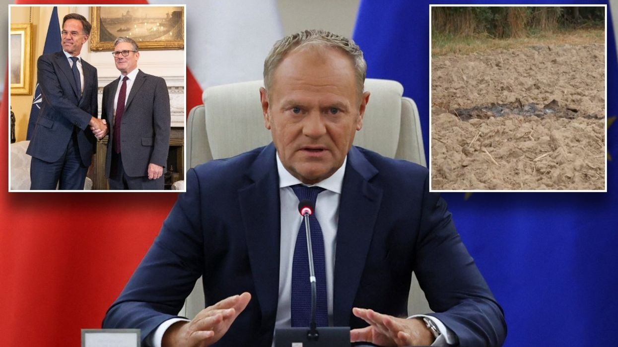 Donald Tusk, downed Russian drone and Keir Starmer with Mark Rutte