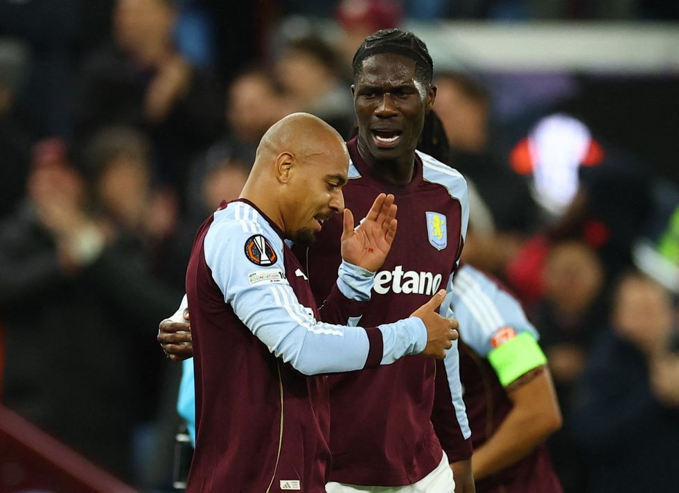 Donyell Malen scored and celebrated near the away end at Villa Park, where he was struck by something from the crowd
