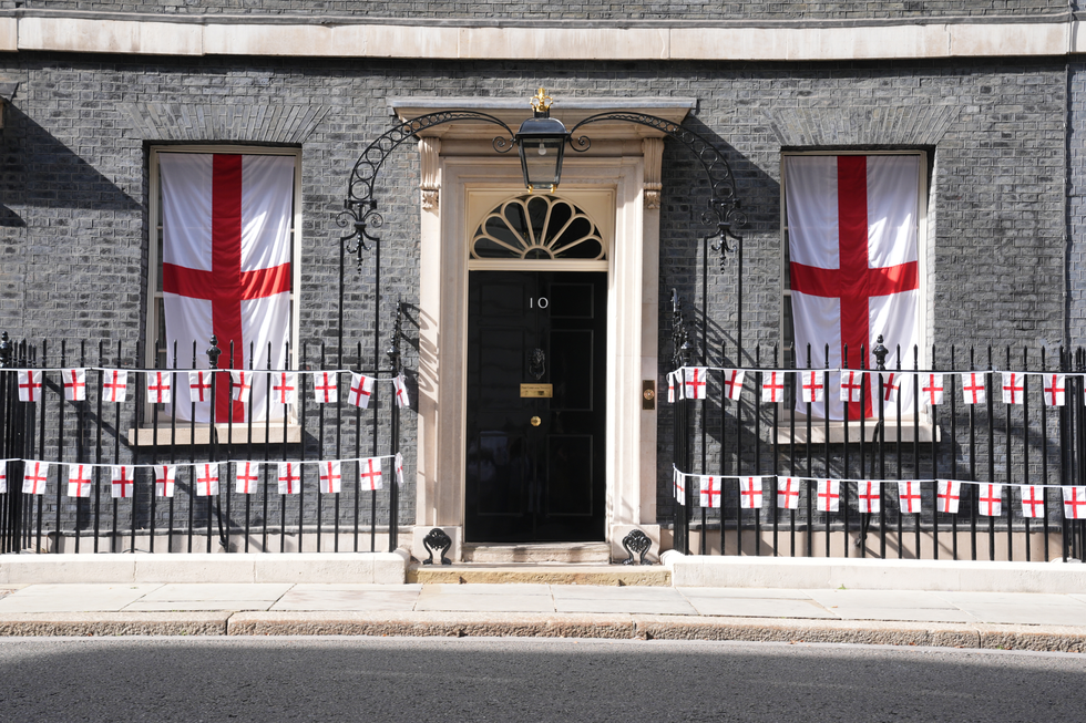 Downing Street adorned with English flags