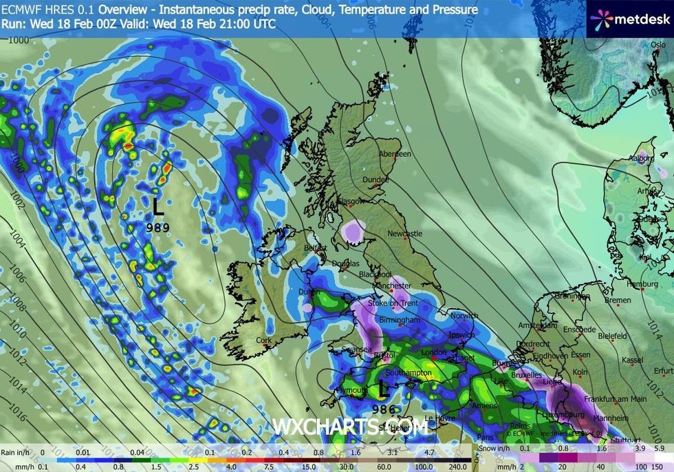 Downpours will hit areas covering millions of Britons across the South of England